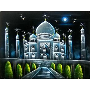 Crafts of India Taj Mahal Indian Historical Monument Oil Painting on Velvet Fabric Wall Hanging : Size - 19"x27" Inches
