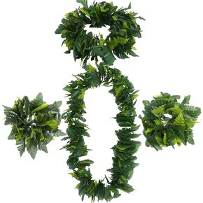 4PCS in 1 Set Green Hawaiian Party Garland Artificial Leaves Wedding Headband Lifelike Leaves Neck Loop Bracelet Simulate Tropical Beach Luau Wreath Decoration for Party