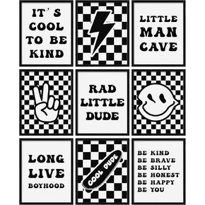 Eersida 9 Pcs Retro Checkered Preppy Lightning Peace Sign Long Live Boyhood Rad Little Dude Poster Prints Teen Boys Poster Gifts for Boy Teen Room Dorm Decor Wall Art Unframed 8 x 10 Inch (Black)