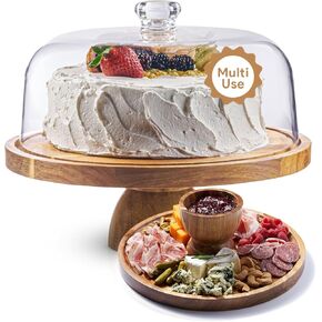 Acacia Wood Cake Stand with Lid - 12in Round Cake Holder, 2-in-1 Dessert Table Display Set & Charcuterie Board for Cheese, Chips & Dips, Nachos, Fruit Platter, Large Acrylic Cake Dome Cover