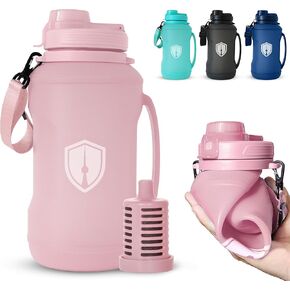 Collapsible Water Bottle for Traveling, Workout or Hiking 64oz Gen 2.0 - Motivational Water Bottle with Time Markings - Half Gallon / 2 L Capacity - BPA Free & Dishwasher Safe (Modern Black + Filter)