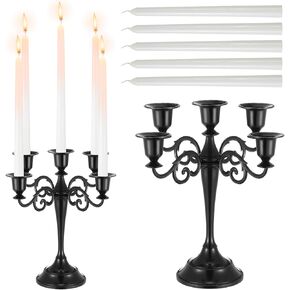 Domensi 5 Arm Metal Candelabra Black Candle Holder 10.6 Inch Tall Candlestick Holders with 5 White Taper Candles Decoration for Halloween Home Wedding Party Dining Table Centerpiece