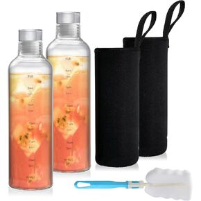 2 Pack Glass Water Bottles With Time Marker, 18 OZ Motivational Water Bottles with Non-slip Sleeve, Beverage Bottle with Hydrating Reminder, Reusable Drinking Bottles for Hot and Cold Drinks