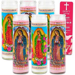 Our Lady of Guadalupe Devotional Candle 6 Pack - Bundle with 6 Lady of Guadalupe Glass Prayer Candles for Vigils, Prayers, Blessing, Religious Ceremonies, Plus Bookmark | Unscented Religious Candles