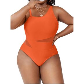 SOLY HUX Women's Plus Size One Piece Swimsuit Contrast Mesh Asymmetrical Neck Monokini Bathing Suit