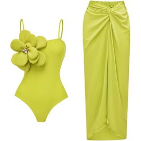FLAXMAKER Hand-stitched 3D flowers Detachable shoulder strap One Piece Swimsuit and Sarong