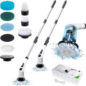 Electric Spin Scrubber Brush, Household Cleaning Brushes with 7 Replaceable Brush Heads, 2 Speeds Bathtub Shower Scrubber with Adjustable Extension Handles for Bathroom Kitchen Tile Floor