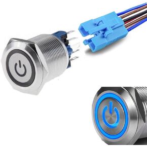 WerFamily Power Symbol 12V Blue LED 22mm Latching Push Button Switch 1NO 1NC SPDT ON/OFF Waterproof Stainless Steel Metal Round with Wire Socket Plug
