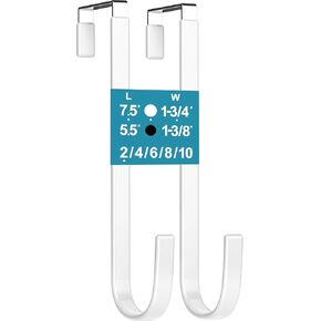 Over the Door Hooks 7.5" 2Pcs for 1 3/4" Door White Plastic Coating Wreath Door Hanger Hook for Hanging Ironing Board Towel Rack Bathroom Closet Cabinet Clothes Coat Holder Single Heavy Duty