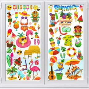 HOWAF 80+PCS Summer Window Clings Stickers Beach Pool Double-Sided Window Decals for Glass Windows, 8 Sheets Hello Summer Sun Flip Flops Window Decals for Summer Hawaii Home Decor Party Supplies