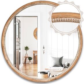 Decorative Mirrors For Wall Decor - 30" Large Wall Mirrors for Living Room, Rustic Farmhouse Hanging Entryway Mirrors for Wall - Elegant and Handcrafted Round Wood Mirror (Natural Brown)