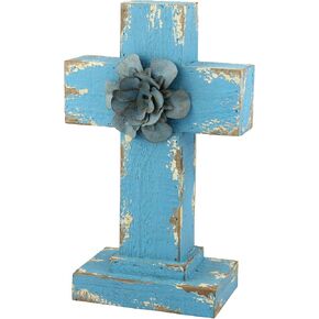 Stonebriar Faith 11" Weathered Wood Cross Pedestal Flower Accent, Blue