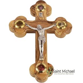 Generic 7 Inch Olive Wood Wall Crucifix – Wall Hanging Cross Hand Carved in The Holy Land – 4 Glass Filled with Flowers Incense- Stones and Olive Leaf