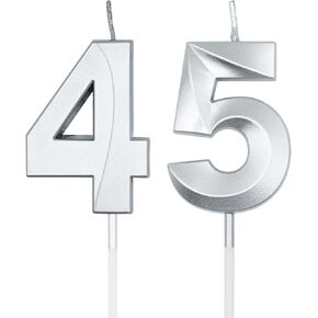 Silver 45th & 54th Birthday Candles for Cakes, Number 45 54 Candle Cake Cupcake Topper for Birthday Anniversary Party Decoration