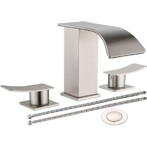 Gold Waterfall Bathroom Faucet 3 Holes, 8 inch Widespread Two Handles Lavatory Vanity Sink Faucets with Pop-up Drain Assembly & Supply Lines, Bathroom Vanity Sink Faucet Brushed Gold