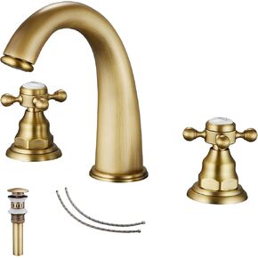 GGStudy 8 inch 2 Handles 3 Holes Widespread Bathroom Sink Faucet Antique Brass Basin Mixer Tap Faucet Matching Metal Pop Up Drain With Overflow