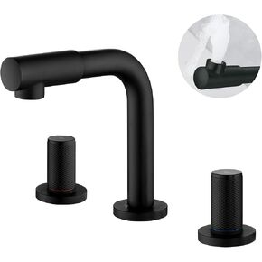 SHAMANDA 8 Inch Widespread Faucet with 360 Degree Swivel Nozzle and Spout, Modern 2 Unique Knob Handles Bathroom Sink Faucet 3 Hole Brushed Gold, Valve and cUPC Water Supply Hoses Included, LB801-3