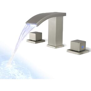 Waterfall Bathroom Faucet Widespread 3 Hole Two Handle Vanity Sink Faucet 8 Inch LED Lavatory Faucet, SKOWLL Brushed Nickel