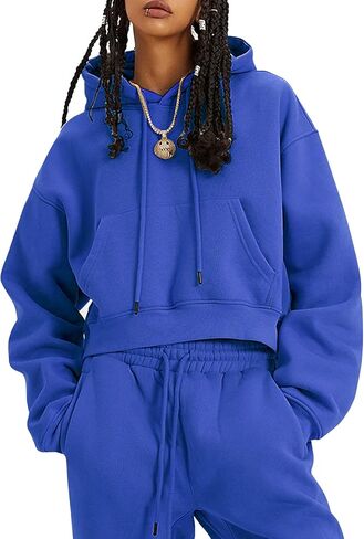 Flygo Womens Fleece 2 Piece Outfits Sweatsuit Crop Pullover Sweatshirt Joggers Pants Tracksuit Set(RoyalBlue-S) in Saudi Arabia