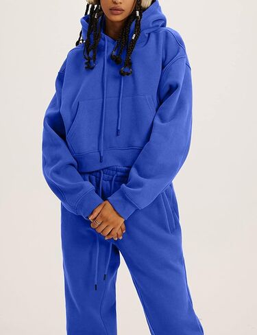 Flygo Womens Fleece 2 Piece Outfits Sweatsuit Crop Pullover Sweatshirt Joggers Pants Tracksuit Set(RoyalBlue-S) in Saudi Arabia