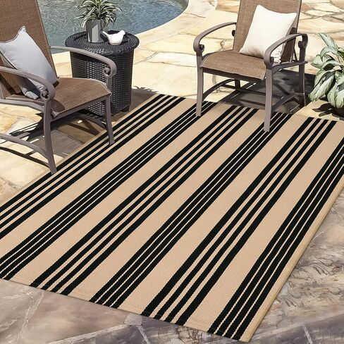 LEEVAN Washable Area Rug 3x5, Reversible Striped Outdoor Rug, Low Profile Small Patio Rug Door Mat Indoor, Cotton Woven Backyard Mats, Non-Shedding Front Porch Deck Floor Carpet, Tan and Black in Saudi Arabia