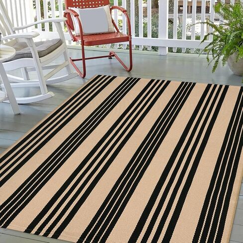 LEEVAN Washable Area Rug 3x5, Reversible Striped Outdoor Rug, Low Profile Small Patio Rug Door Mat Indoor, Cotton Woven Backyard Mats, Non-Shedding Front Porch Deck Floor Carpet, Tan and Black in Saudi Arabia