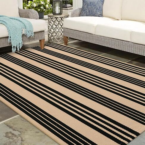 LEEVAN Washable Area Rug 3x5, Reversible Striped Outdoor Rug, Low Profile Small Patio Rug Door Mat Indoor, Cotton Woven Backyard Mats, Non-Shedding Front Porch Deck Floor Carpet, Tan and Black in Saudi Arabia