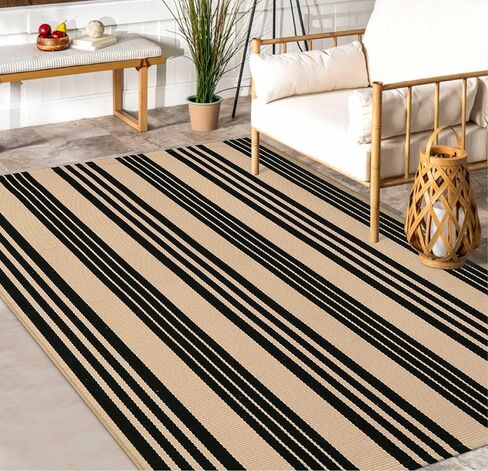 LEEVAN Washable Area Rug 3x5, Reversible Striped Outdoor Rug, Low Profile Small Patio Rug Door Mat Indoor, Cotton Woven Backyard Mats, Non-Shedding Front Porch Deck Floor Carpet, Tan and Black in Saudi Arabia