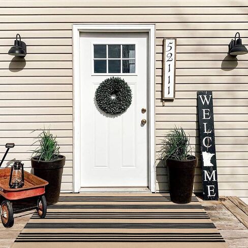 LEEVAN Washable Area Rug 3x5, Reversible Striped Outdoor Rug, Low Profile Small Patio Rug Door Mat Indoor, Cotton Woven Backyard Mats, Non-Shedding Front Porch Deck Floor Carpet, Tan and Black in Saudi Arabia