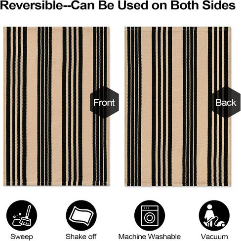 LEEVAN Washable Area Rug 3x5, Reversible Striped Outdoor Rug, Low Profile Small Patio Rug Door Mat Indoor, Cotton Woven Backyard Mats, Non-Shedding Front Porch Deck Floor Carpet, Tan and Black in Saudi Arabia