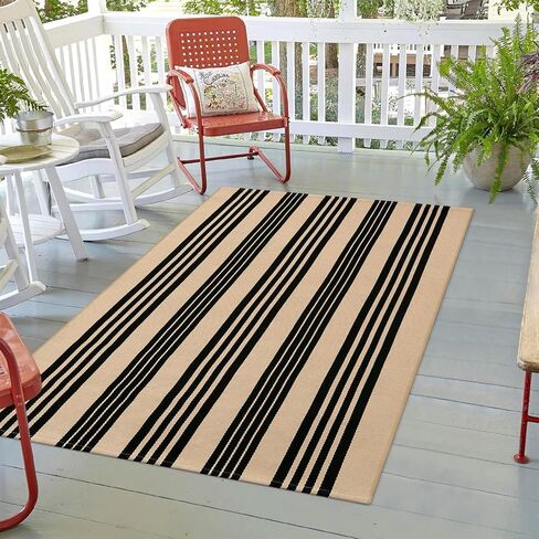 LEEVAN Washable Area Rug 3x5, Reversible Striped Outdoor Rug, Low Profile Small Patio Rug Door Mat Indoor, Cotton Woven Backyard Mats, Non-Shedding Front Porch Deck Floor Carpet, Tan and Black in Saudi Arabia