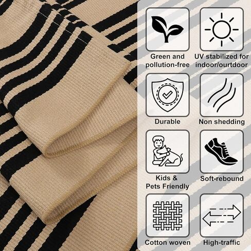 LEEVAN Washable Area Rug 3x5, Reversible Striped Outdoor Rug, Low Profile Small Patio Rug Door Mat Indoor, Cotton Woven Backyard Mats, Non-Shedding Front Porch Deck Floor Carpet, Tan and Black in Saudi Arabia