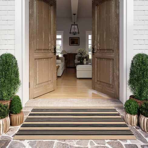 LEEVAN Washable Area Rug 3x5, Reversible Striped Outdoor Rug, Low Profile Small Patio Rug Door Mat Indoor, Cotton Woven Backyard Mats, Non-Shedding Front Porch Deck Floor Carpet, Tan and Black in Saudi Arabia