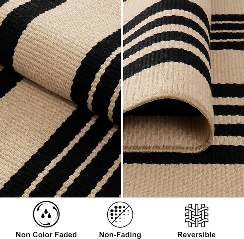 LEEVAN Washable Area Rug 3x5, Reversible Striped Outdoor Rug, Low Profile Small Patio Rug Door Mat Indoor, Cotton Woven Backyard Mats, Non-Shedding Front Porch Deck Floor Carpet, Tan and Black in Saudi Arabia