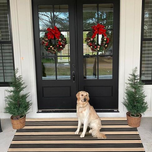 LEEVAN Washable Area Rug 3x5, Reversible Striped Outdoor Rug, Low Profile Small Patio Rug Door Mat Indoor, Cotton Woven Backyard Mats, Non-Shedding Front Porch Deck Floor Carpet, Tan and Black in Saudi Arabia