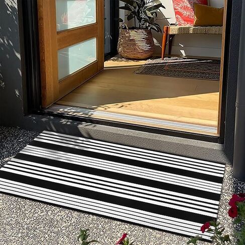 LEEVAN Washable Area Rug 3x5, Reversible Striped Outdoor Rug, Low Profile Small Patio Rug Door Mat Indoor, Cotton Woven Backyard Mats, Non-Shedding Front Porch Deck Floor Carpet, Tan and Black in Saudi Arabia