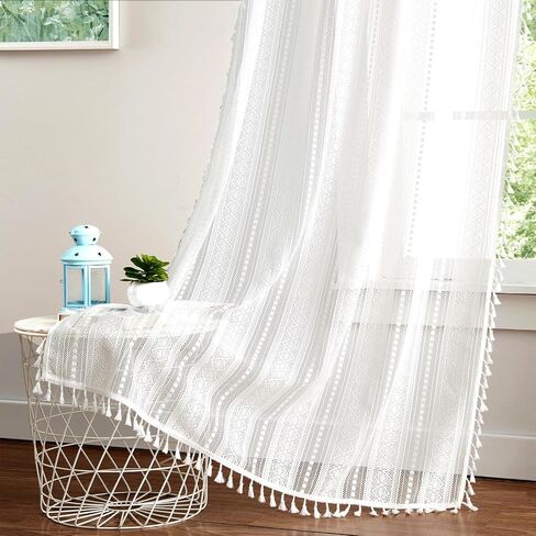 amzdecor الأبيض بوهو الدانتيل شرابات الستائر لغرفة النوم غرفة المعيشة، الكتان محكم أنيقة الكروشيه ريفي نمط هندسي قضيب جيب الستار الستار الستائر 2 لوحات ستارة النافذة، 40 "ث × 84" ل. in Kuwait