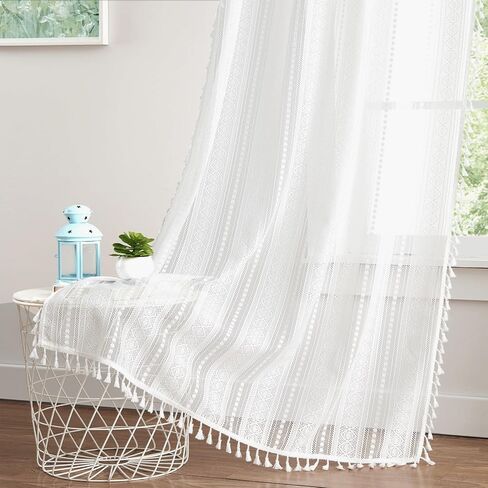 amzdecor الأبيض بوهو الدانتيل شرابات الستائر لغرفة النوم غرفة المعيشة، الكتان محكم أنيقة الكروشيه ريفي نمط هندسي قضيب جيب الستار الستار الستائر 2 لوحات ستارة النافذة، 40 "ث × 84" ل. in Kuwait