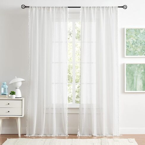 amzdecor الأبيض بوهو الدانتيل شرابات الستائر لغرفة النوم غرفة المعيشة، الكتان محكم أنيقة الكروشيه ريفي نمط هندسي قضيب جيب الستار الستار الستائر 2 لوحات ستارة النافذة، 40 "ث × 84" ل. in Kuwait