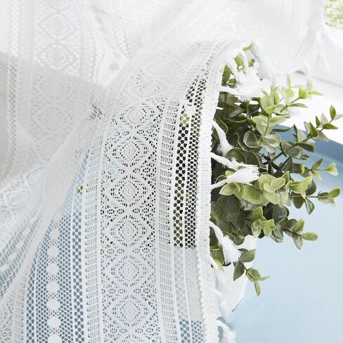 amzdecor الأبيض بوهو الدانتيل شرابات الستائر لغرفة النوم غرفة المعيشة، الكتان محكم أنيقة الكروشيه ريفي نمط هندسي قضيب جيب الستار الستار الستائر 2 لوحات ستارة النافذة، 40 "ث × 84" ل. in Kuwait