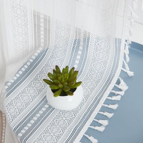amzdecor الأبيض بوهو الدانتيل شرابات الستائر لغرفة النوم غرفة المعيشة، الكتان محكم أنيقة الكروشيه ريفي نمط هندسي قضيب جيب الستار الستار الستائر 2 لوحات ستارة النافذة، 40 "ث × 84" ل. in Kuwait