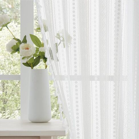 amzdecor الأبيض بوهو الدانتيل شرابات الستائر لغرفة النوم غرفة المعيشة، الكتان محكم أنيقة الكروشيه ريفي نمط هندسي قضيب جيب الستار الستار الستائر 2 لوحات ستارة النافذة، 40 "ث × 84" ل. in Kuwait