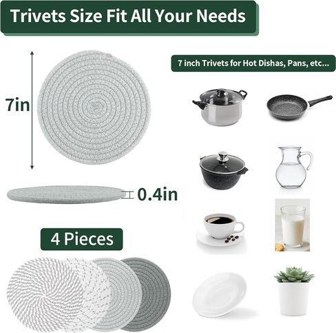 ركائز للأطباق الساخنة، ركائز مقاس 7 بوصات للأواني والمقالي الساخنة، 4 عبوات من الأواني الساخنة والمقالي، حاملات الأواني للطبخ والخبز، مجموعة حاملات الأواني القطنية أساسيات المطبخ للمنزل الجديد in Kuwait