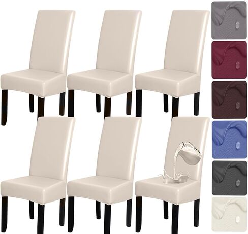 HFCNMY Dining Room Chair Covers Set of 6,Stretch Waterproof PU Chair Covers,Soft Chair Covers for Dining Room 6 Pack Dining Chair Covers Slipcover Washable Parson Chair Covers Beige in Kuwait