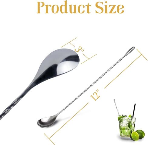 ملعقة بار من الفولاذ المقاوم للصدأ مقاس 12 بوصة من أورتاركو لخلط الكوكتيل مع مقبض حلزوني فضي، عبوة من قطعتين in Kuwait
