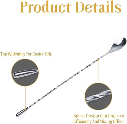 ملعقة بار من الفولاذ المقاوم للصدأ مقاس 12 بوصة من أورتاركو لخلط الكوكتيل مع مقبض حلزوني فضي، عبوة من قطعتين in Kuwait