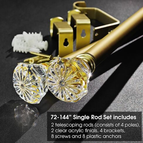 Gold Curtain Rod Set with Crystal-clear Diamond Pattern Finials, 36-72 inch, Standard Single Drapery Rod for 1 Pack, 7/8 inch diameter, Adjustable Length in Saudi Arabia