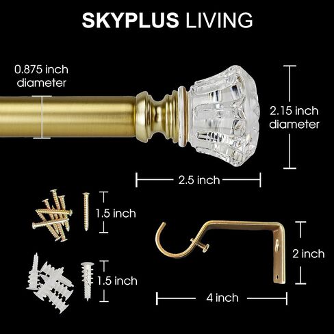 Gold Curtain Rod Set with Crystal-clear Diamond Pattern Finials, 36-72 inch, Standard Single Drapery Rod for 1 Pack, 7/8 inch diameter, Adjustable Length in Saudi Arabia