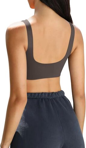 LASLULU حمالات الصدر الرياضية النسائية برقبة واسعة للتمرين مع حمالات صدر مدمجة عالية التأثير مقصوصة للجري واللياقة البدنية واليوجا الرياضية (رمادي داكن X-Large) in Kuwait