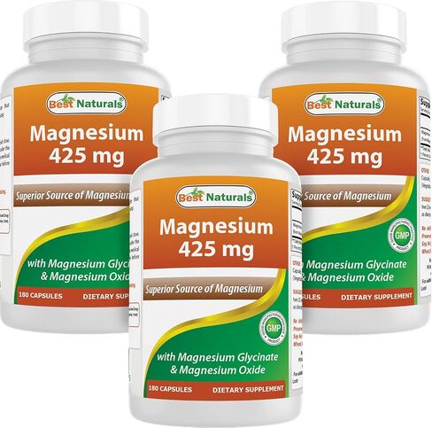 Best Naturals Magnesium 425 mg 180 Veggie Capsules - High Absorption Magnesium Glycinate & Magnesium Oxide Chelated, Non-GMO, Gluten Free Muscle Relax (180 Count (Pack of 1)) in Saudi Arabia